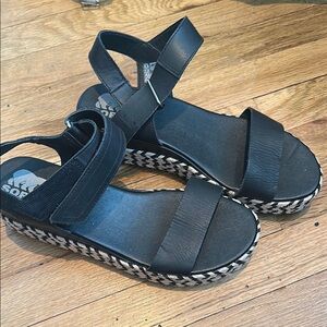Sorel Cameron Flatform Black + Raffia Women's Sandals size 9.5